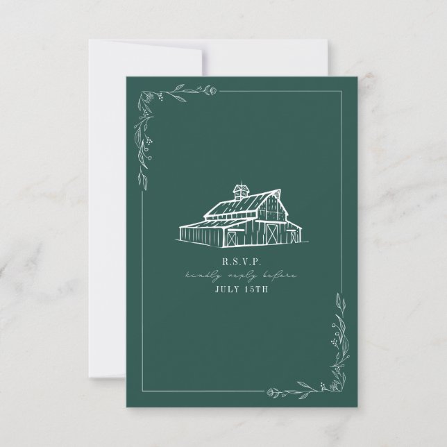 Rustic Barn Emerald Green Wedding RSVP Card (Front)