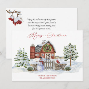 Rustic Barn Farm Christmas Trees Snowman Holiday Card