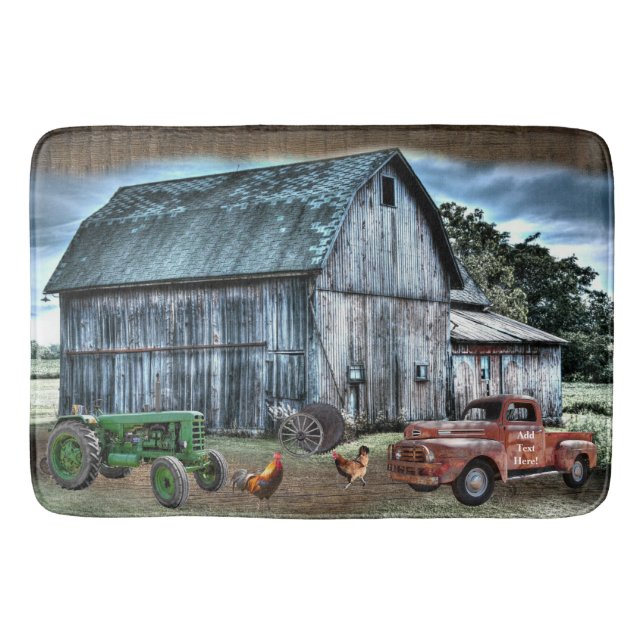Rustic Barn Farm Truck Tractor Rooster Hen  Bath Mat (Front)
