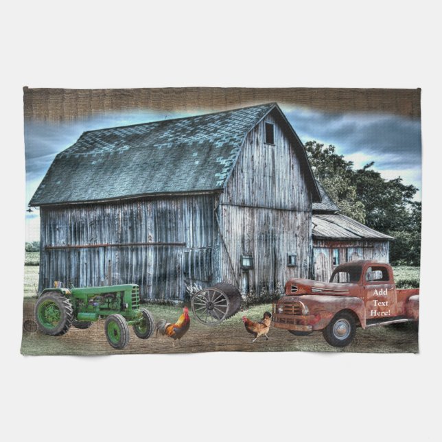 Rustic Barn Farm Truck Tractor Rooster Hen  Tea Towel (Horizontal)