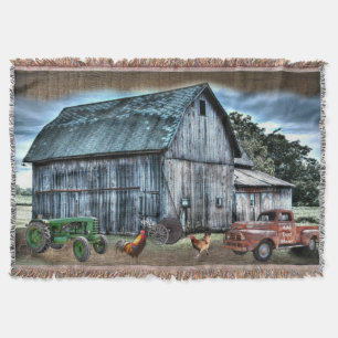Rustic Barn Farm Truck Tractor Rooster Hen Throw Blanket