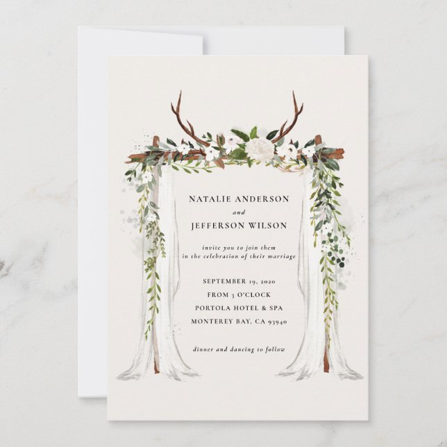 Rustic barn farmhouse stag foliage wedding invite (Front)
