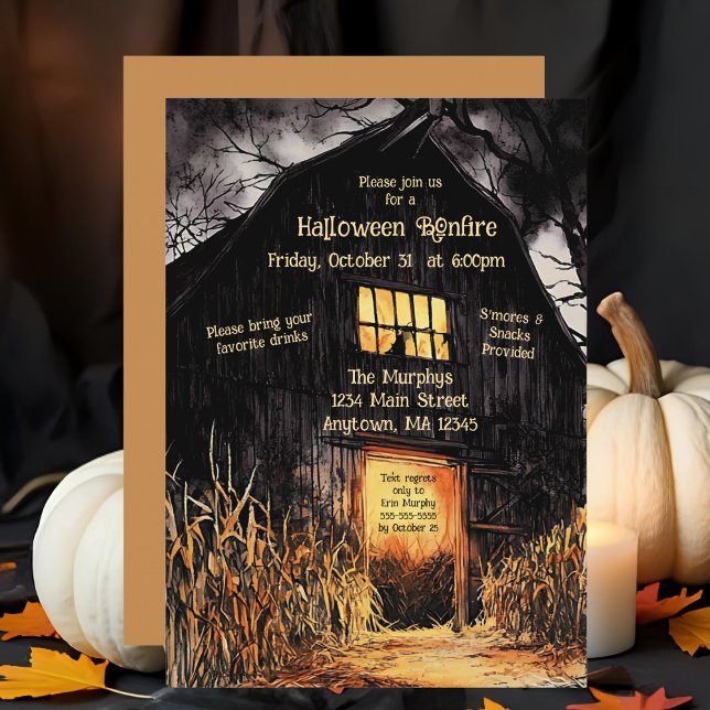 Rustic Barn Halloween Bonfire Halloween Party Invitation (Creator Uploaded)