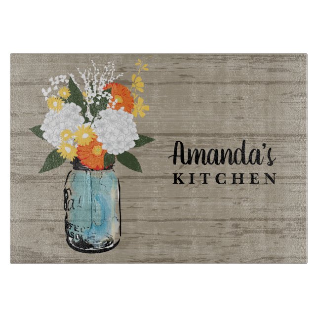 Rustic Barn Hydrangea Floral Mason Jar Monogram Cutting Board (Front)