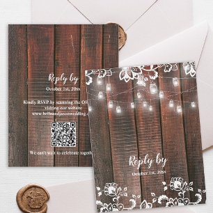 Rustic Barn Lace Wood QR Code String Light Wedding RSVP Card