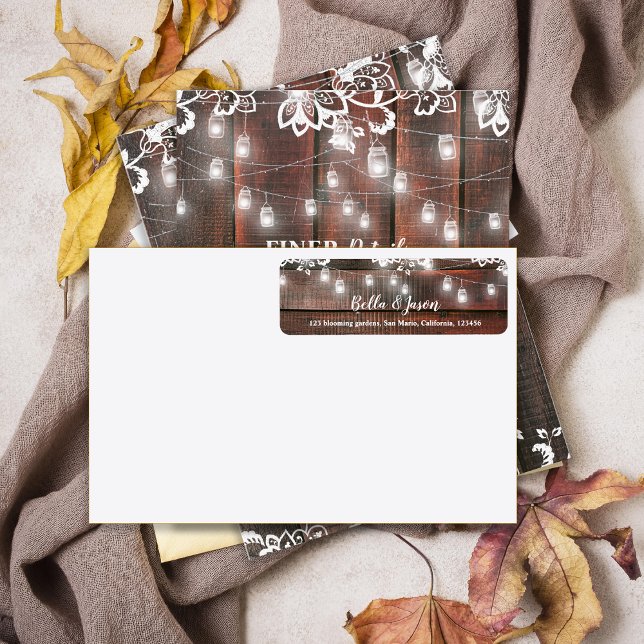 Rustic Barn Lace Wood String Light Wedding Address (Rustic Wood String Lights Wedding Address Label | Barn Lace Return Address Sticker)