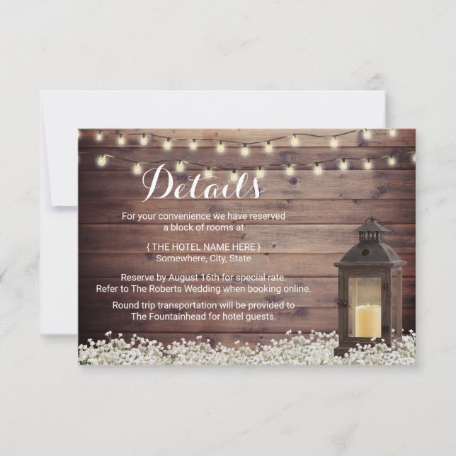 Rustic Barn Lantern String Light Wedding Details Invitation (Front)