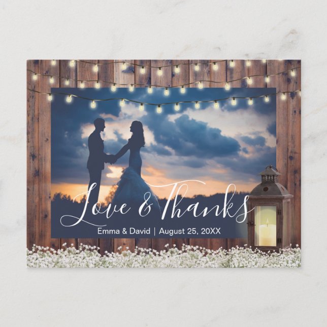Rustic Barn Lantern String Lights Photo Thank You Postcard (Front)