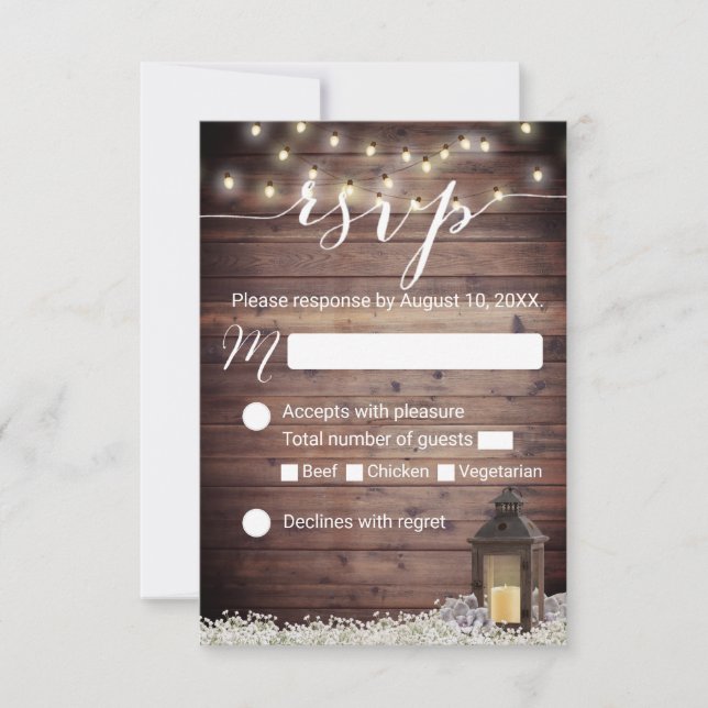 Rustic Barn Lantern String Lights Wedding RSVP (Front)