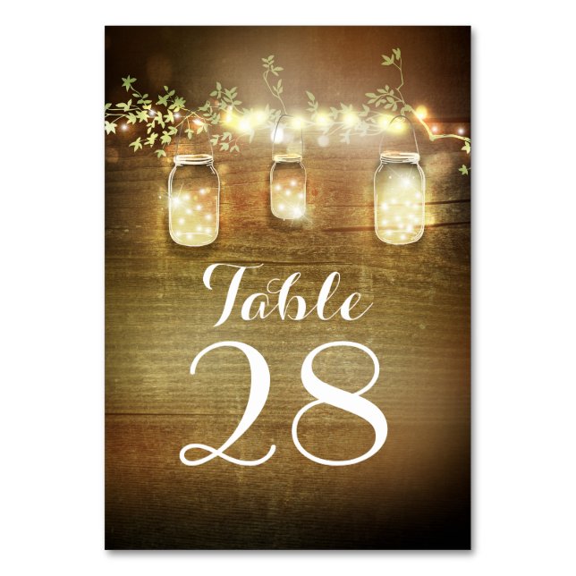 Rustic Barn Lights Mason Jars Wedding Table Number (Front)