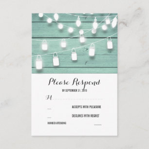 Rustic Barn Lights Teal Wood Wedding RSVP Cards