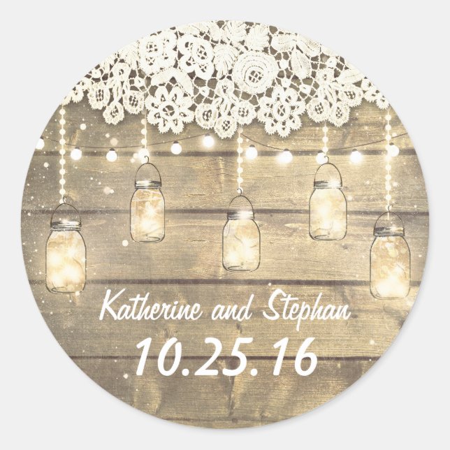 Rustic Barn Mason Jar Lights and Lace Wedding Classic Round Sticker (Front)