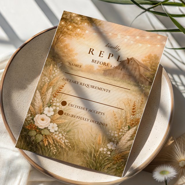 Rustic Barn Meadow String Lights Wedding RSVP Card (Creator Uploaded)