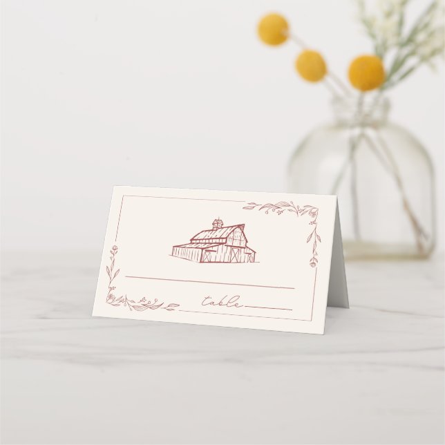 Rustic Barn Muted Red Farm Fall Wedding Place Card (Front)
