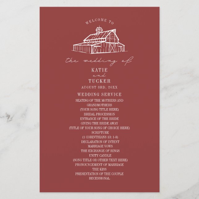 Rustic Barn Muted Red Farm Wedding Program (Front)