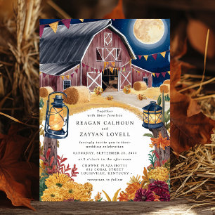 Rustic Barn Navy Blue Nighttime Autumn Wedding  Invitation