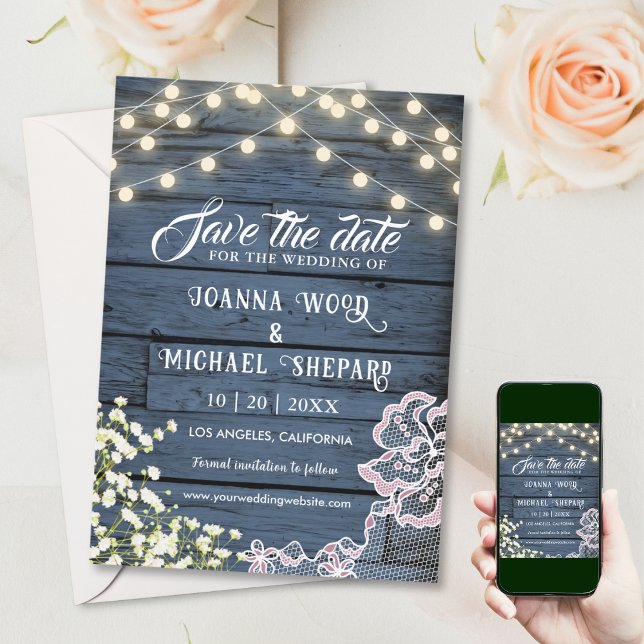 Rustic Barn Navy Blue Wood String Lights & Lace  Save The Date (Creator Uploaded)