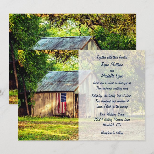 Rustic Barn Patriotic US American Flag Wedding Invitation (Front/Back)