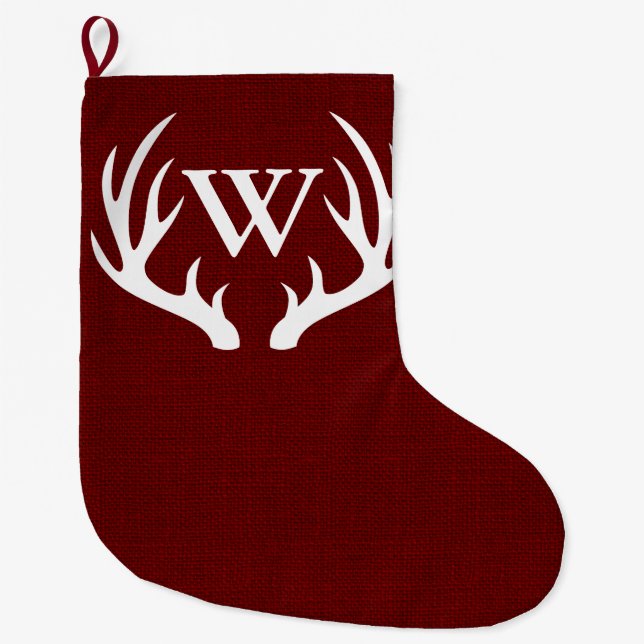 Rustic Barn Red White Deer Antlers - Personalised Large Christmas Stocking (Front)