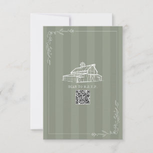 Rustic Barn Sage Green QR Code Wedding Stripe RSVP Card