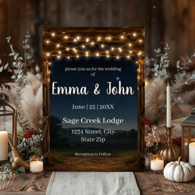 Rustic Barn String Lights Wedding Invitation (Rustic barn wedding invitation with string lights and starry sky for country and lodge weddings.)