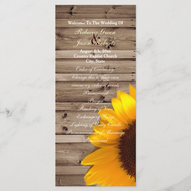rustic barn sunflower country wedding programs programme (Front)