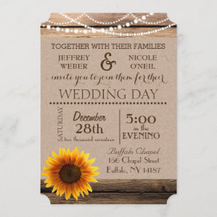 Rustic Barn Sunflower Wood Wedding Invitation