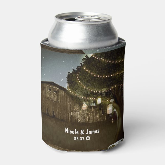 Rustic Barn & Tree Lights Wedding Can Cooler (Can Front)