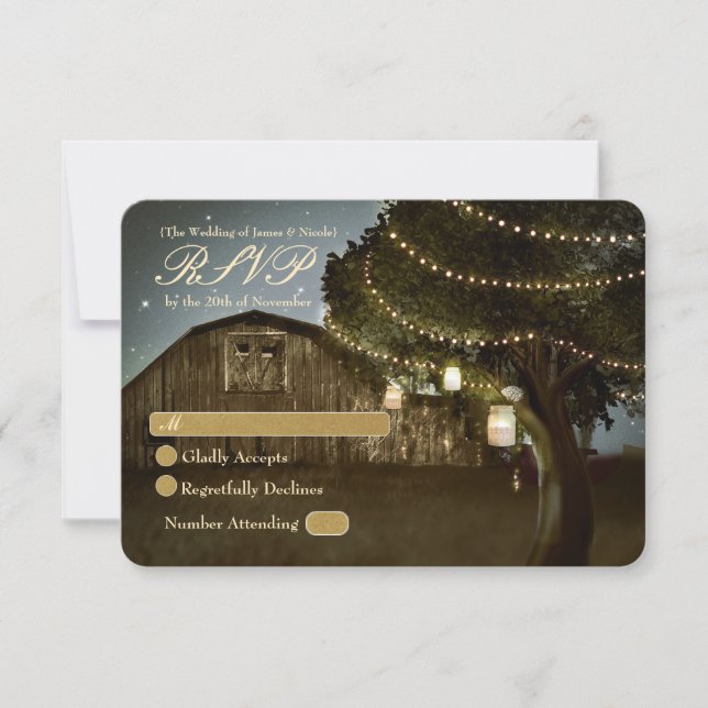 Rustic Barn & Tree Lights Wedding RSVP Card (Front)
