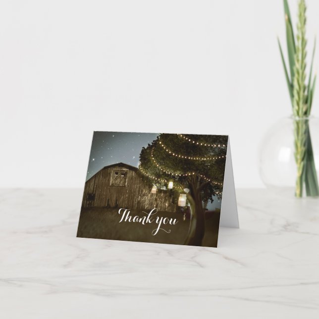Rustic Barn & Tree Lights Wedding Thank You Card (Front)