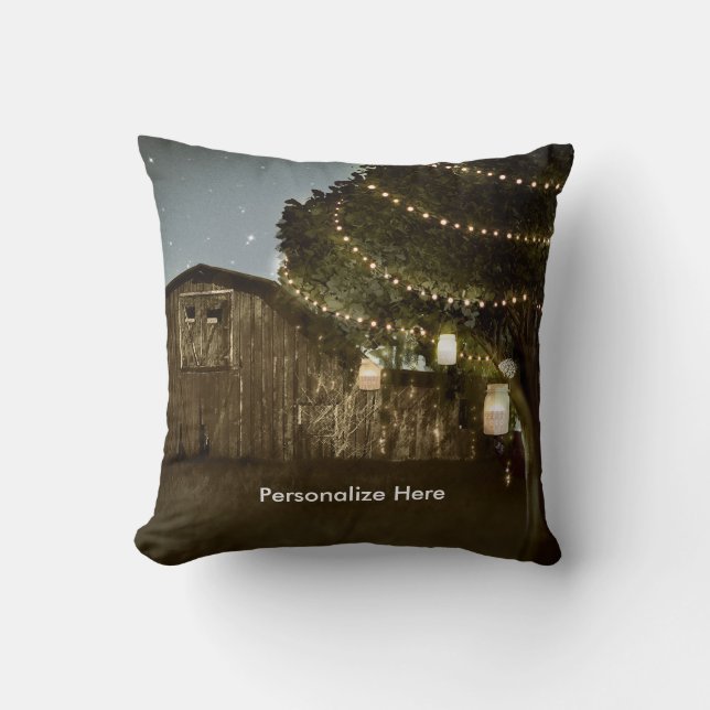 Rustic Barn & Tree String Lights Throw Pillow (Front)
