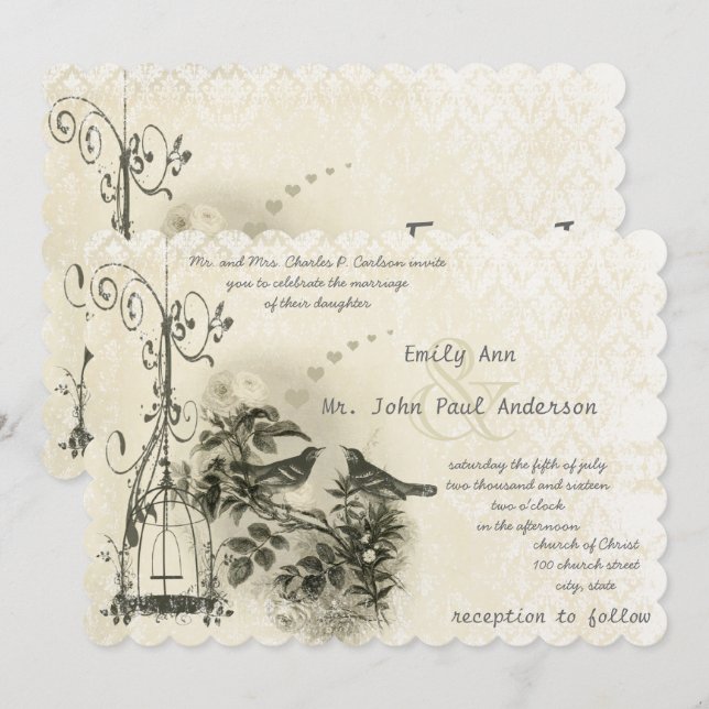 Rustic Barn Vintage Birdcage Love Birds Invitation (Front/Back)