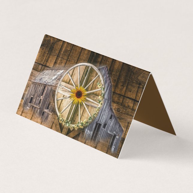 Rustic Barn Wagon Wheel Sunflower Business Card (Front)