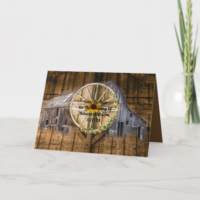 Rustic Barn Wagon Wheel Sunflower Holiday Card (Front)