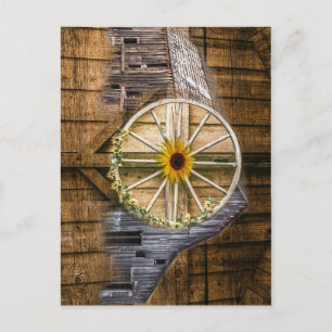 Rustic Barn Wagon Wheel Sunflower Postcard