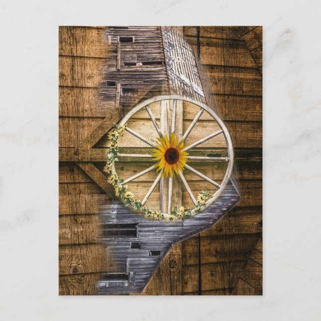 Rustic Barn Wagon Wheel Sunflower Postcard (Front)