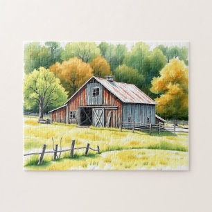 Rustic Barn Watercolor Surrounded by Fields Jigsaw Puzzle