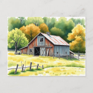 Rustic Barn Watercolor Surrounded by Fields  Postcard