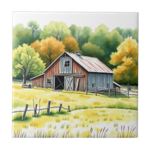 Rustic Barn Watercolor Surrounded by Fields Tile