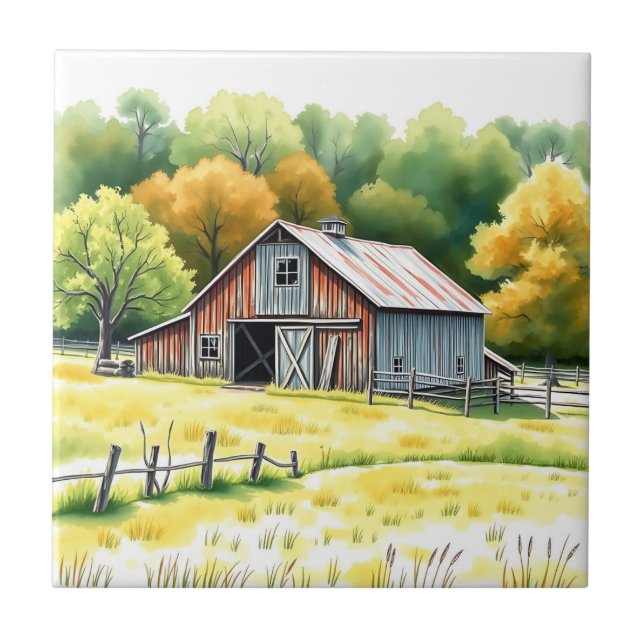 Rustic Barn Watercolor Surrounded by Fields  Tile (Front)