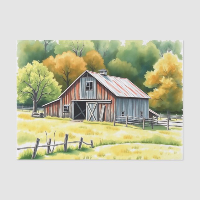 Rustic Barn Watercolor Surrounded by Fields  Tissue Paper (Front)