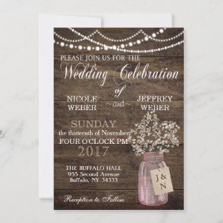 Rustic Barn Wedding Pink Mason Jar Babys Breath Invitation