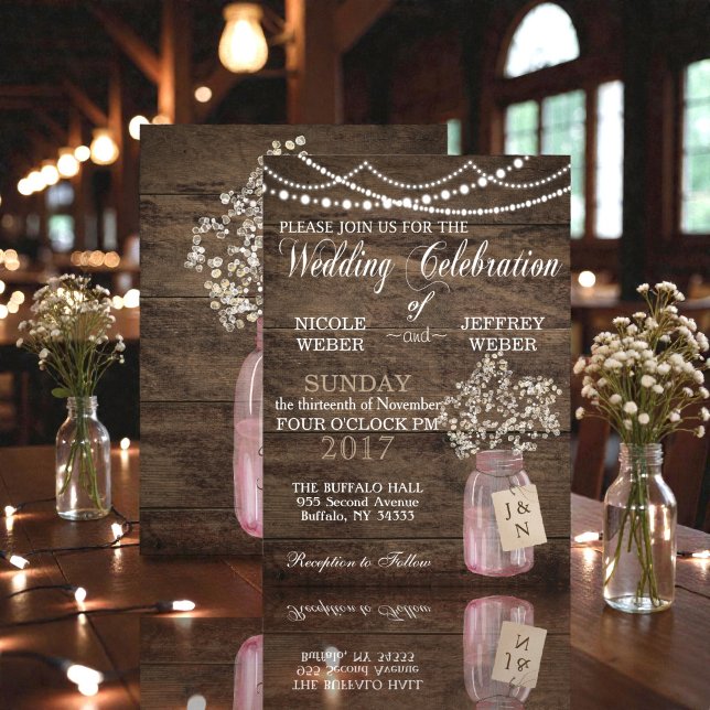 Rustic Barn Wedding Pink Mason Jar Babys Breath Invitation (Creator Uploaded)