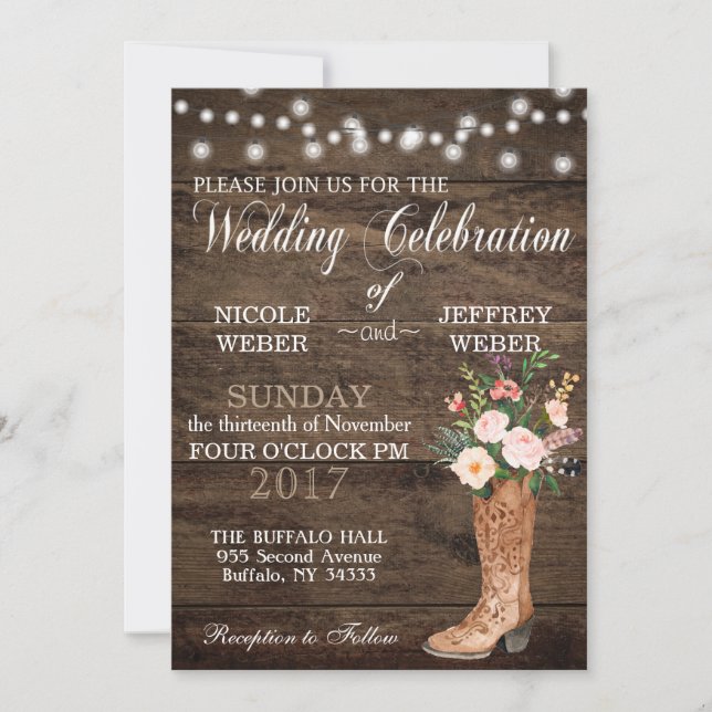 Rustic Barn Wedding Wood Cowboy Boots Invitation (Front)