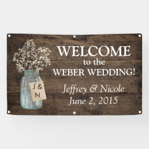 Rustic Barn Wedding Wood Mason Jar Babys Breath Banner