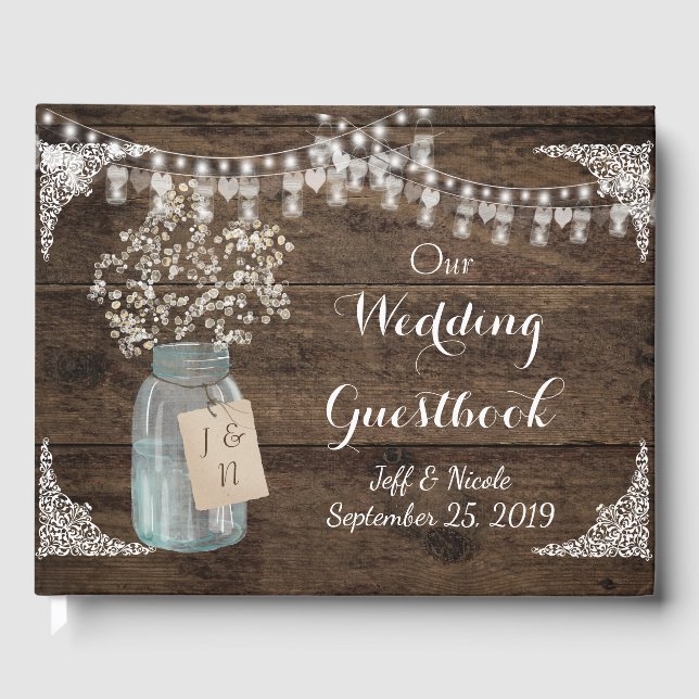 Rustic Barn Wedding Wood Mason Jar Babys Breath Guest Book (Front)