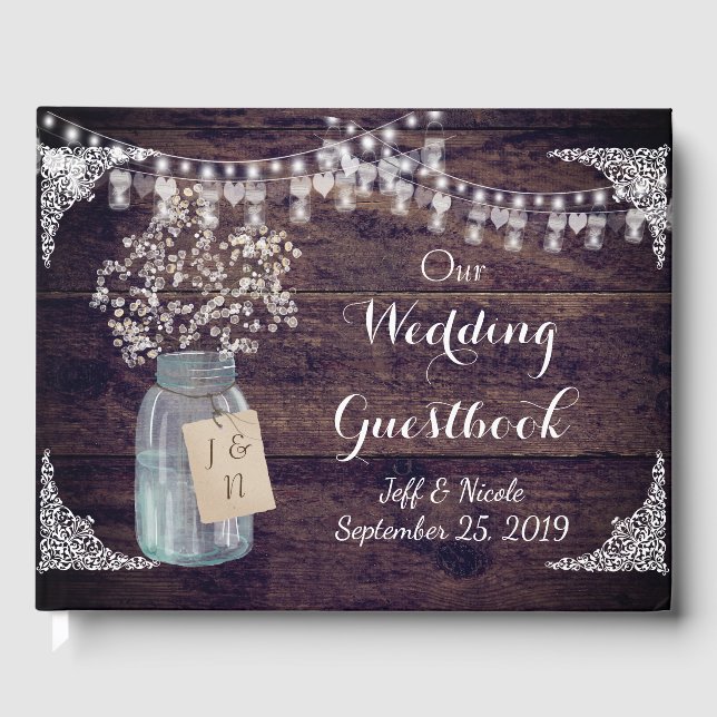 Rustic Barn Wedding Wood Mason Jar Babys Breath Guest Book (Front)