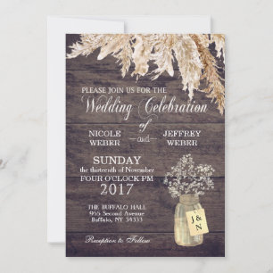 Rustic Barn Wedding Wood Mason Jar Babys Breath In Invitation