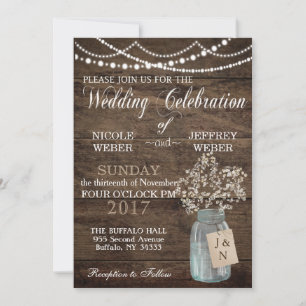 Rustic Barn Wedding Wood Mason Jar Babys Breath In Invitation