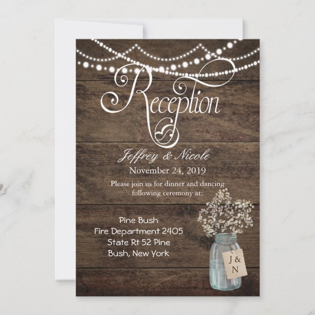 Rustic Barn Wedding Wood Mason Jar Babys Breath Invitation (Front)